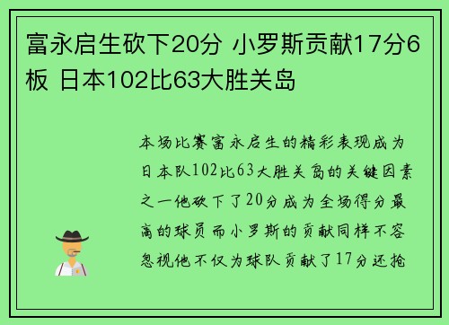 富永启生砍下20分 小罗斯贡献17分6板 日本102比63大胜关岛
