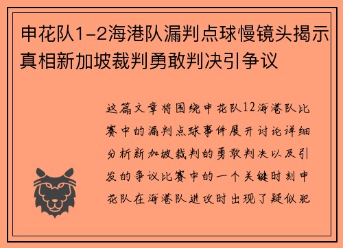 申花队1-2海港队漏判点球慢镜头揭示真相新加坡裁判勇敢判决引争议